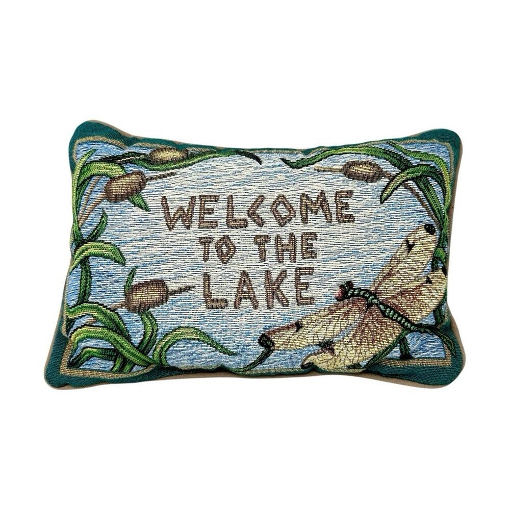Welcome to the Lake Tapestry Throw Pillow Dragonfly Cattails Small Rectangle